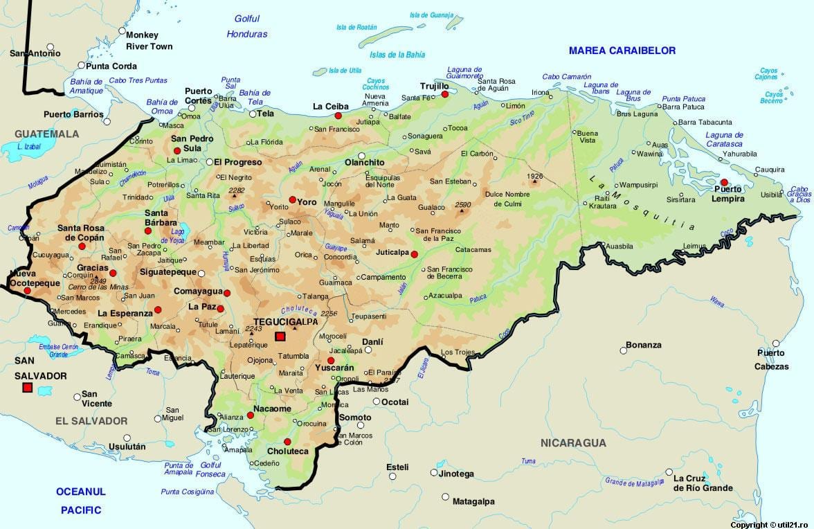 Honduras ve çevre ülkeler haritası