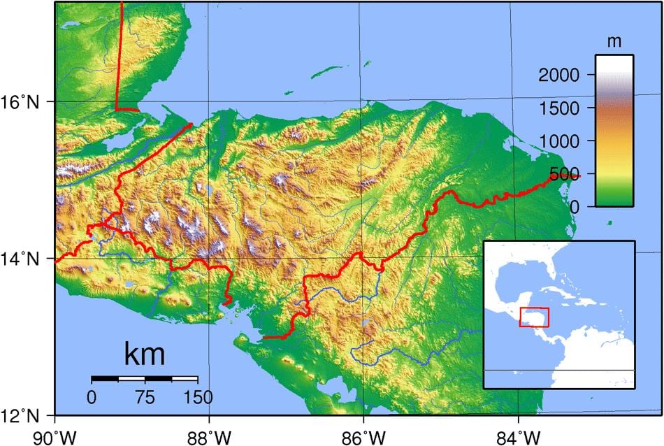 Honduras haritası topografik